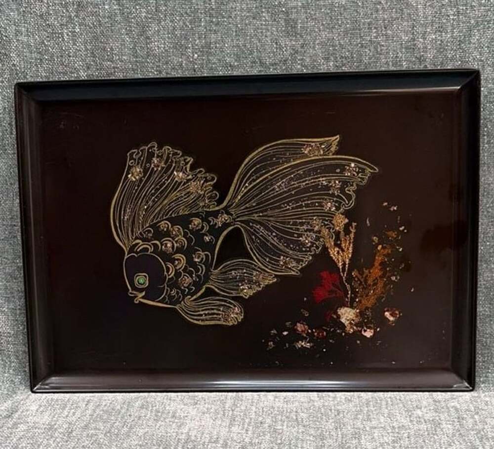 Couroc Serving Tray Size 12.5x8.5 Black Goldfish Fish Inlaid Design